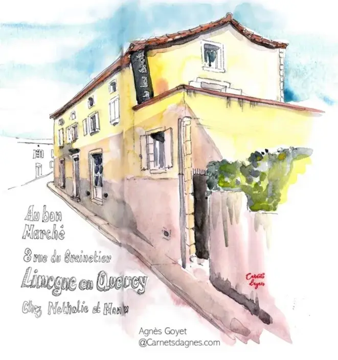Aquarelle d'une maison jaune à Limogne-en-Quercy