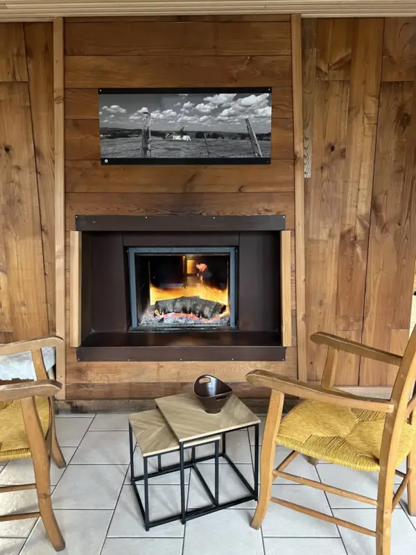 Cheminée moderne dans salon en bois chaleureux