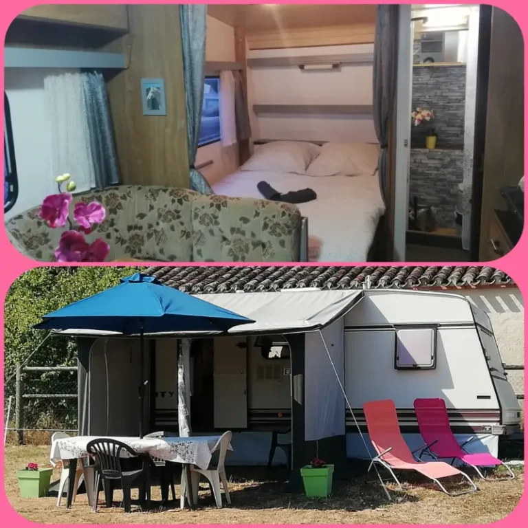 Intérieur et extérieur d’une caravane aménagée