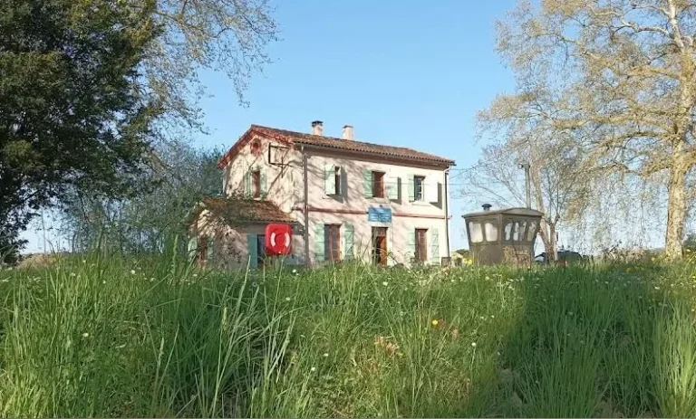 Maison rurale entourée d’herbe et d’arbres
