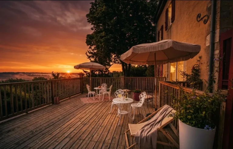 Terrasse en bois au coucher du soleil