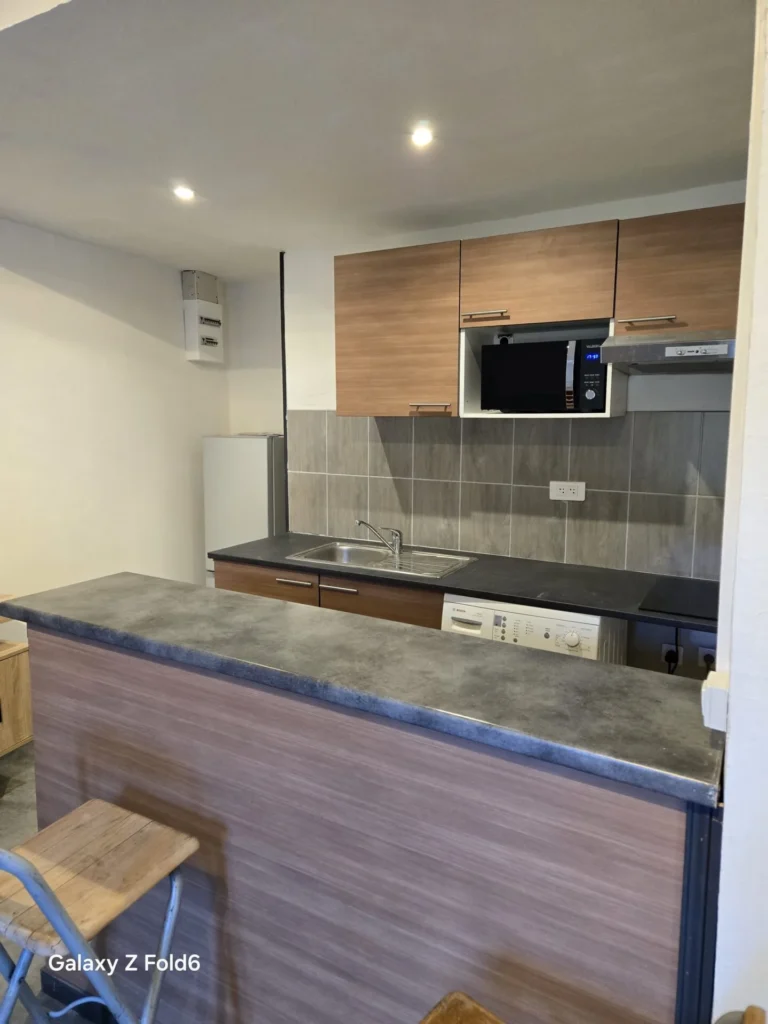 Petite cuisine moderne avec bar et électroménagers intégrés